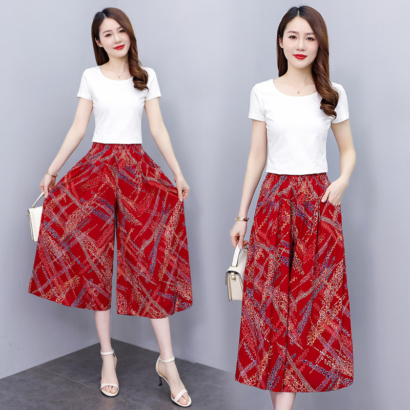 Fashionable cotton silk wide-leg pants summer women's fashionable printed cropped pants mother's elastic waist culottes