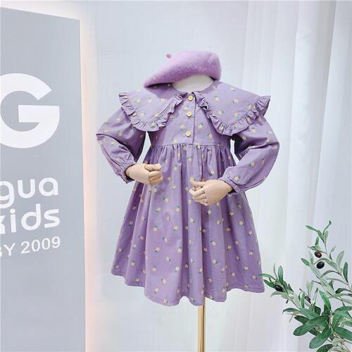 Girls Lolita Dress 2024 Autumn New Small Yellow Flower Splicing Ruffled Lapel Long Sleeve Princess Dress