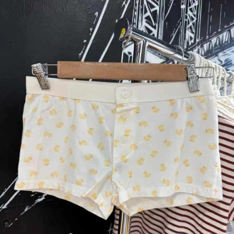 BM Style Cute Yellow Duck Printed High Waist Three Button Shorts Women's Bm White Elastoic Waist Boxers Home Hot Pants