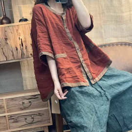 2026夏季新款短款亚麻拼色衬衫开衫休闲上衣