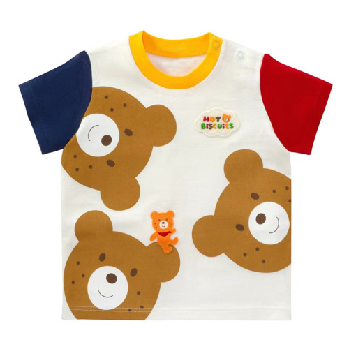 miki children's clothing summer new style cartoon pockmarked bear print short-sleeved T-shirt color matching top for boys and girls