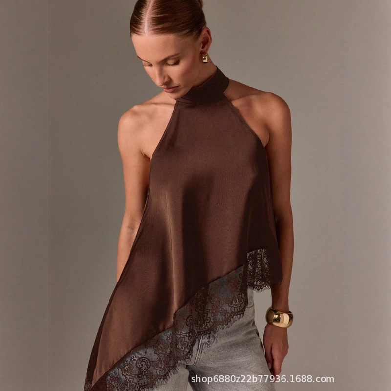 [Can Be Customized] 2025 New European and American Women's Sleeveless High-Neck Lace-Trimmed Asymmetric Satin Vest