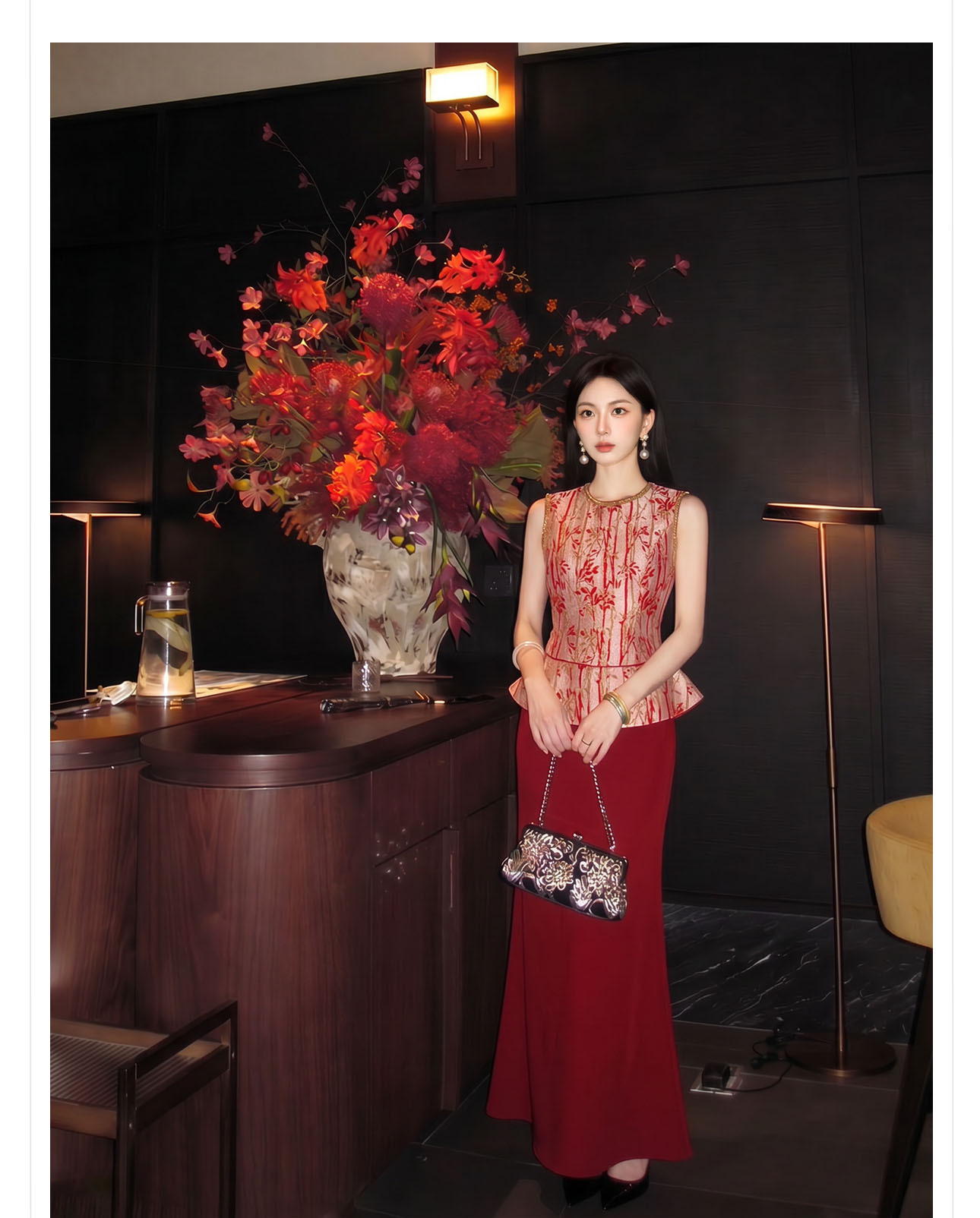 Set áo vest không tay và chân váy midi họa tiết thêu hoa văn cổ điển Trung Hoa — bộ đồ, nửa váy, Trang chủ chi tiết 5