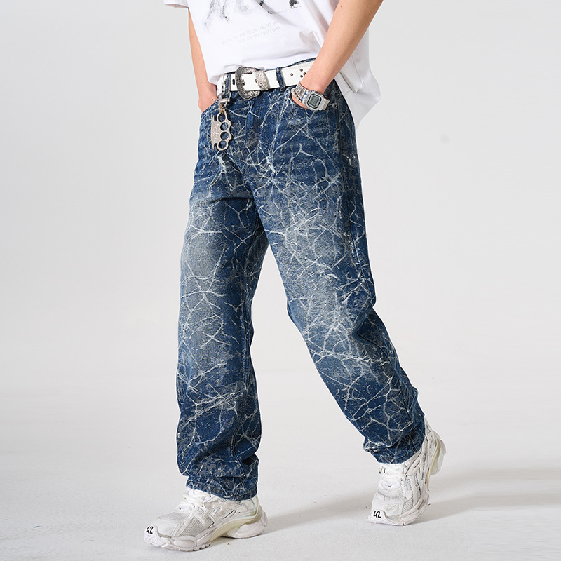 Men's Loose Straight Leg Jeans High Street Lightning Print Retro Cool Wide Leg Trousers For Spring Autumn_mkmklike.com