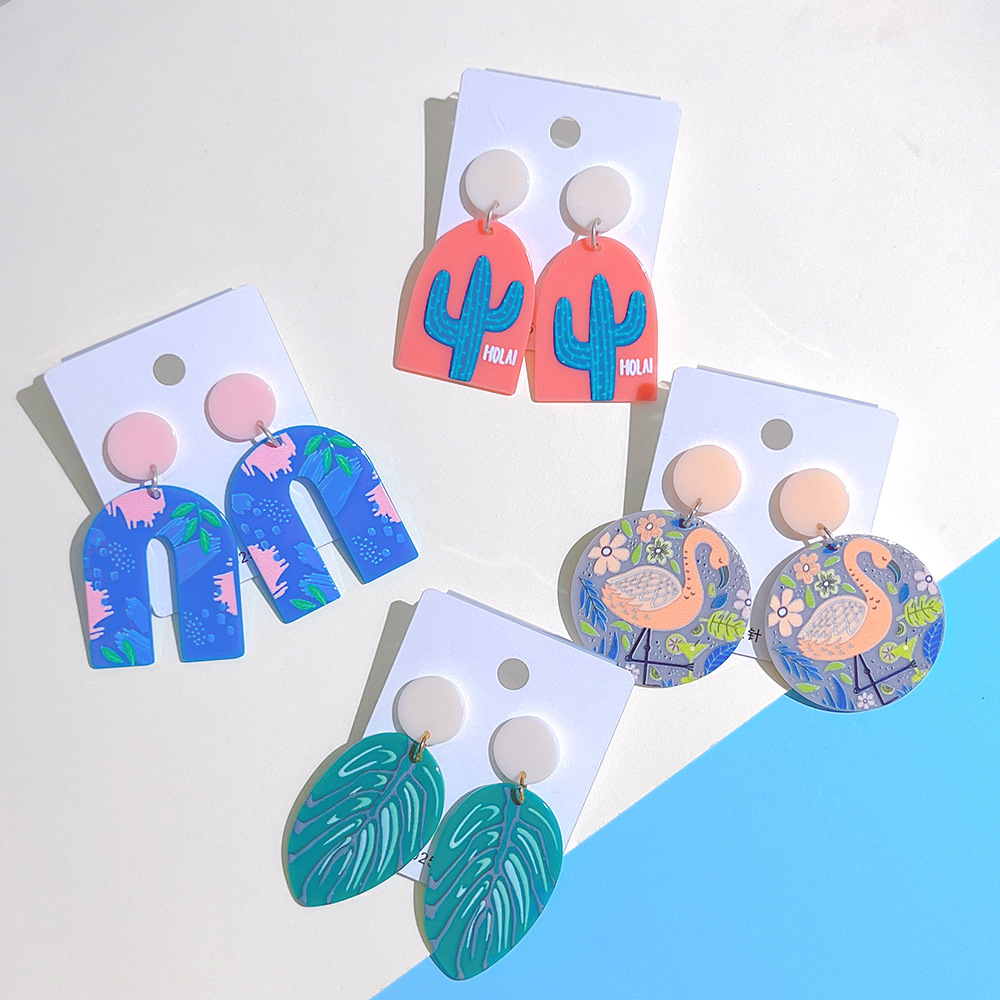 1 Par Estilo De Dibujos Animados Cactus Sale De Flamenco Arílico Mujeres Pendientes De Gota display picture 1