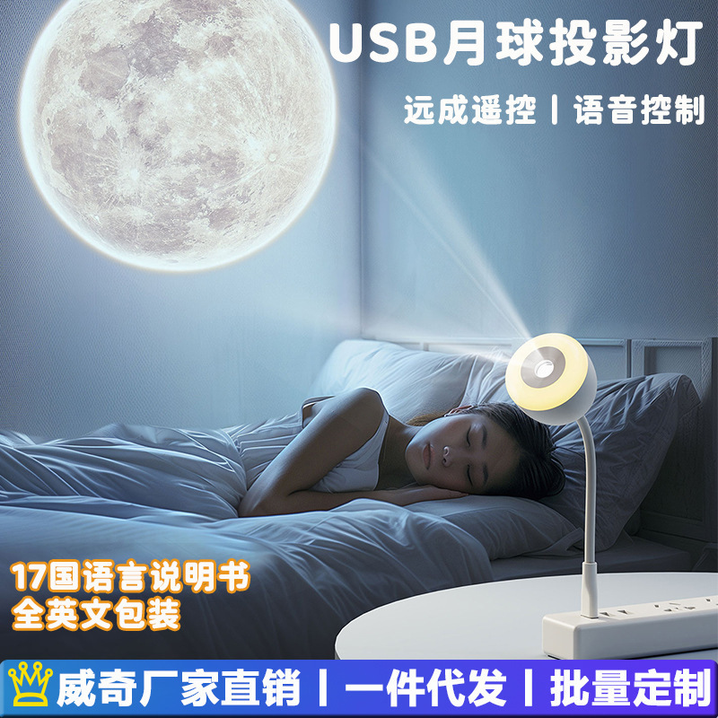跨境软管月球投影灯创意小夜灯插电款语音懒人遥控夜灯卧室睡眠灯|undefined