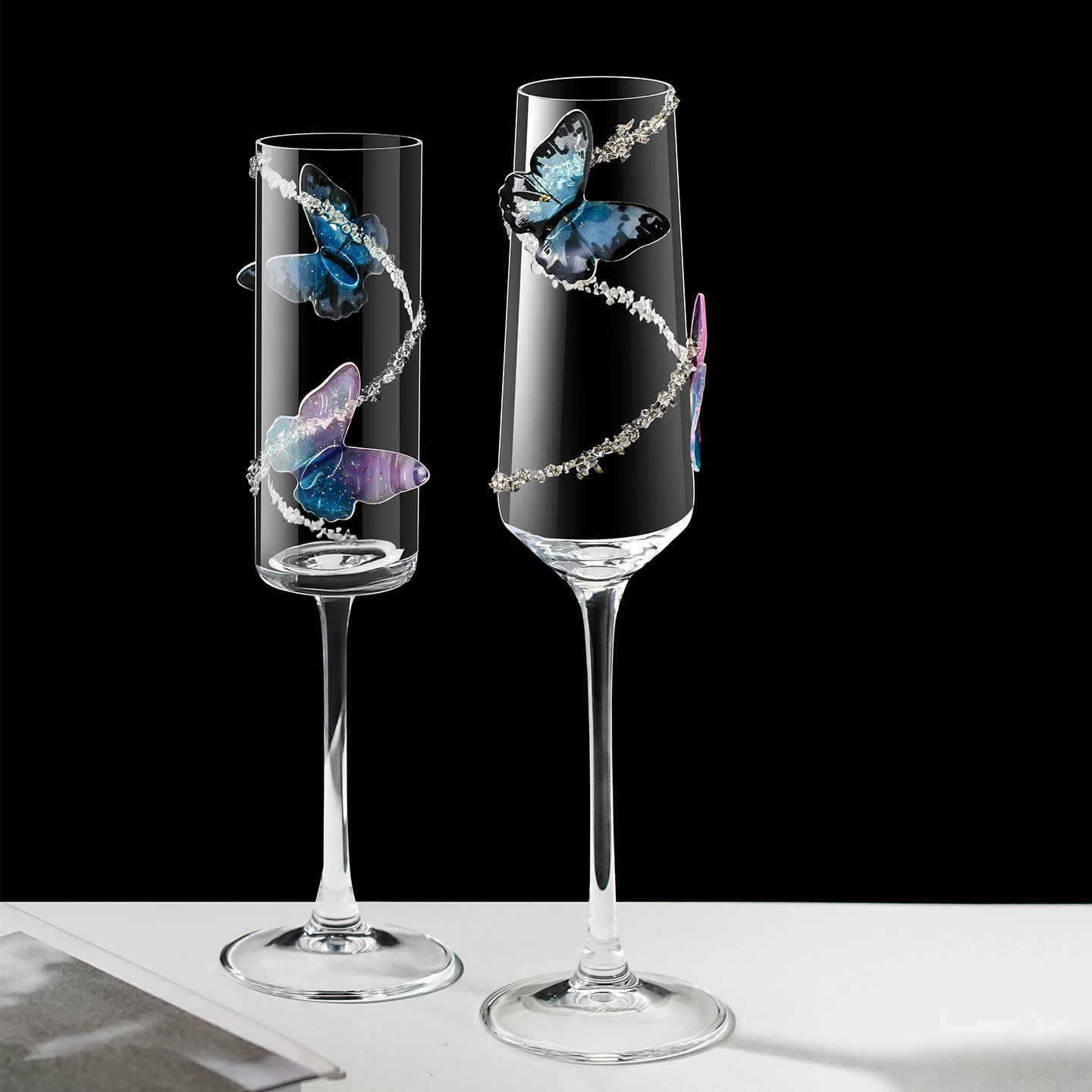 Taza de champagne de alto valor de cara espesa en vidrio de ventana mariposa taza de vino de cristal casero regalo