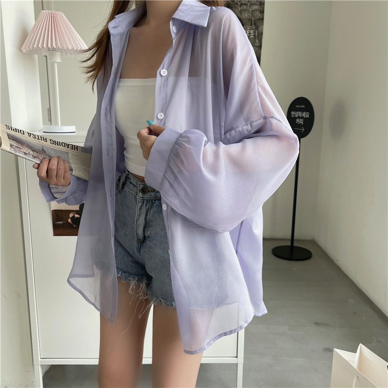 112g Weight Long Sleeve Sleeve Length Single Breasted Placket Type Shirtsleeve Sleeve Type Polyester, Chiffon Fabric Type Regular Top Length Cardigan Tops Type Holiday Occasion Shirt Collar Neckline Loose Fit Type Solid Color Pattern Summer, Spring Season Women's Gender Casual Style Wholesale Women's Casual Solid Color Long Sleeve Blouses 58