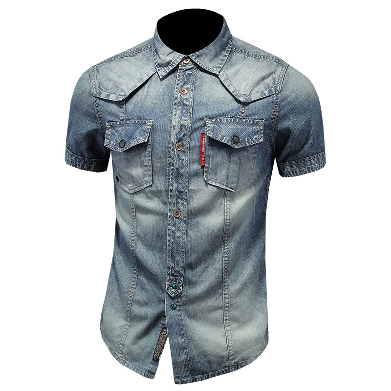 Camicia da uomo a maniche corte con colletto risvoltato, stile europeo e americano, per il commercio estero, camicia slim fit in denim lavato vintage per_voghion.com