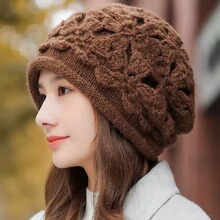 手工钩花包头帽子女秋冬百搭双层加厚卷边针织帽显脸小堆堆毛线帽