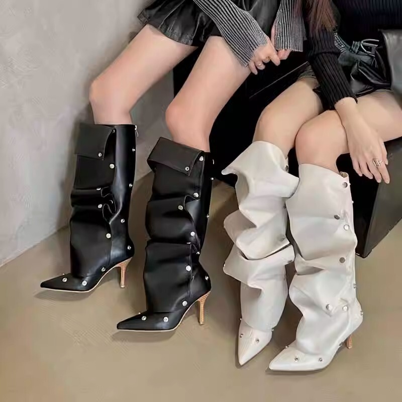 2025 Stud Buckle Stitching Two-Wearing Thin Heel Denim Pleated Pile Boots Women's Personality Hot Girl Fashion Boots Women