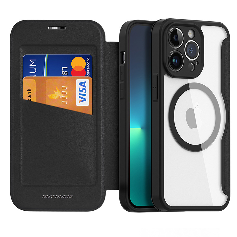 Aplicable a la caja del teléfono magnético iPhone14Pro MagSafe Flip Funda de cuero Apple 15 funda protectora transparente tarjeta