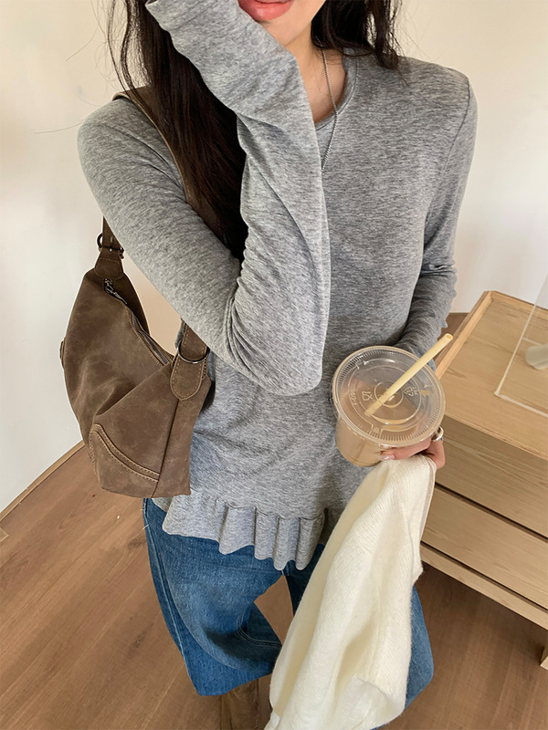 广州黄峥早秋木耳边下摆圆领长袖T恤女韩版纯色打底上衣530902|undefined