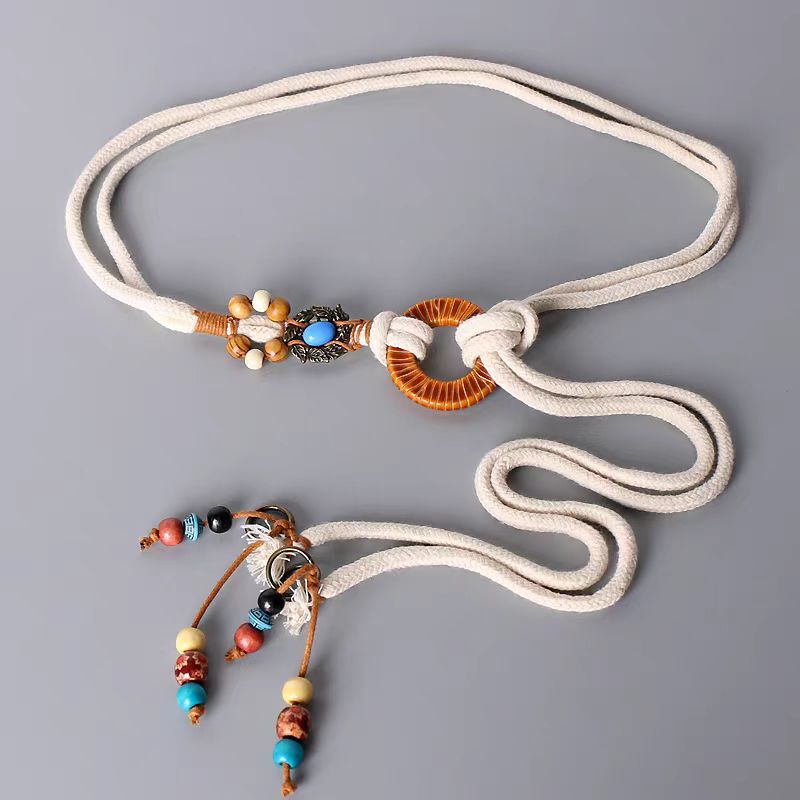 Bohemian Cotton Rope Round Wood Braided Belt Knotted Handmade Turquoise Waist Rope Versatile Retro Ethnic Style Bohemian Cotton Rope Round Wood Braided Belt Knotted Handmade Turquoise Waist Rope Versatile Retro Ethnic Style