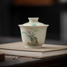 手绘太湖石兰花两才盖碗功夫陶瓷仿古泡茶碗单个茶杯家用功夫茶具