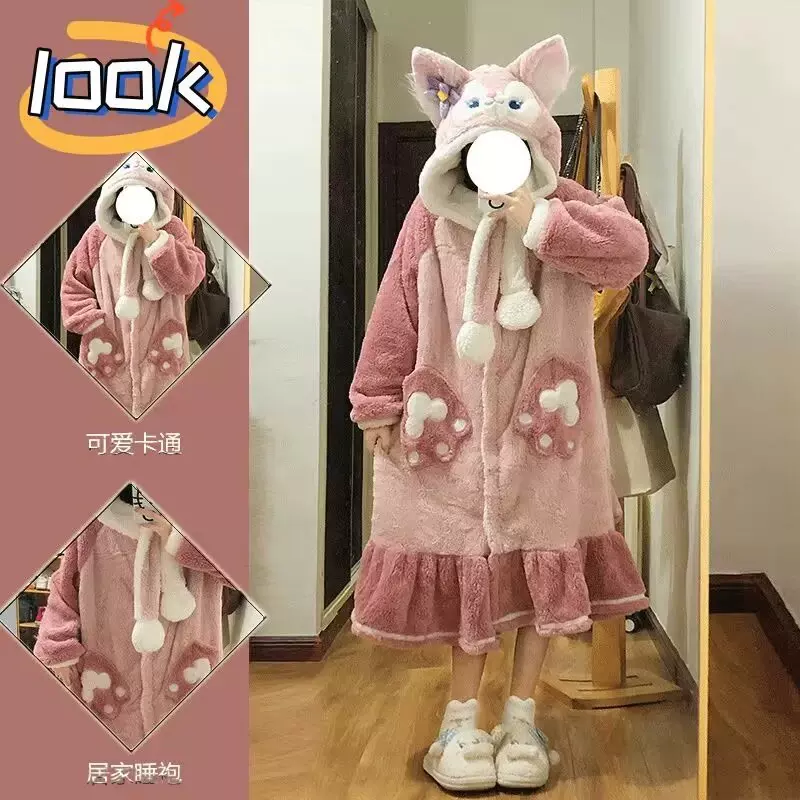 2025新款玲娜贝儿睡袍卡通少女家居服长款睡衣加绒加厚珊瑚绒女冬