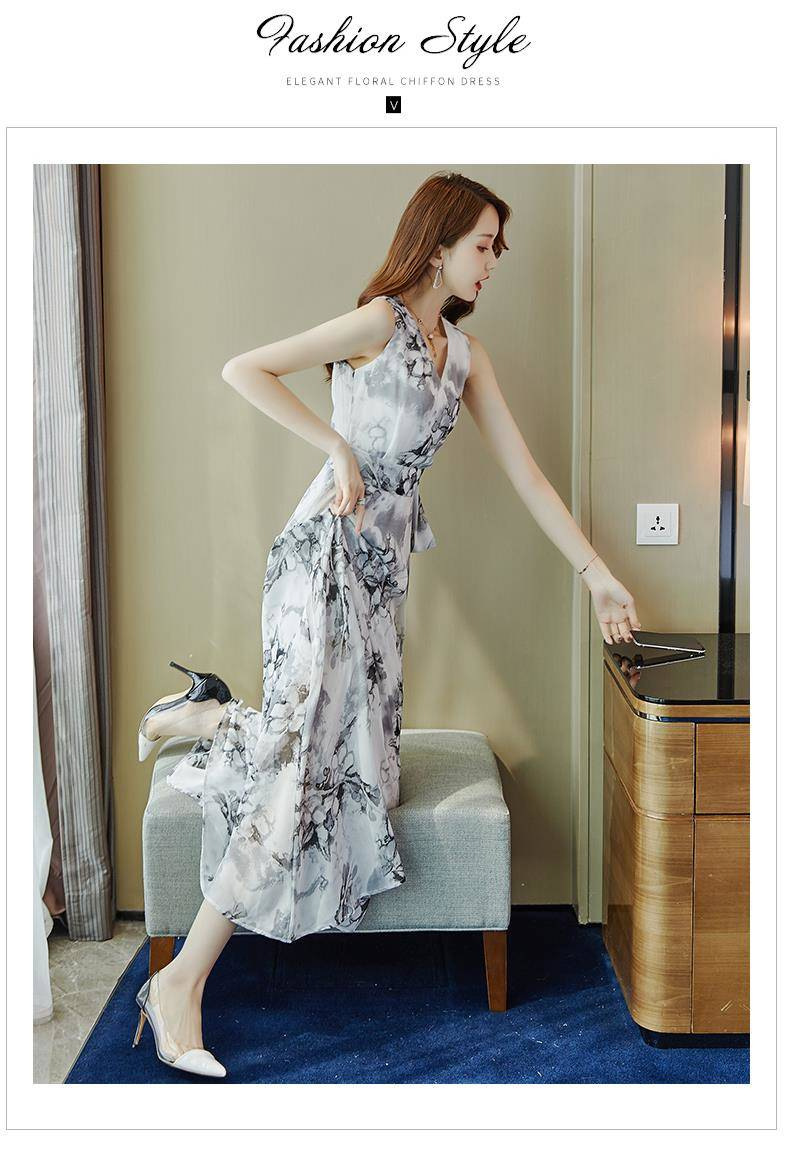 Bohemian Long Women Summer 2024 New Waist Tie Slimming Beach Vacation Chiffon Dress_ecoleips.com