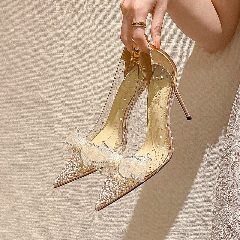 Wan Zi Yan Design Wedding Shoes High Heels Women's 2023 New Summer Rhinestone Transparent Bridesmaid Pointed Heel Shoes