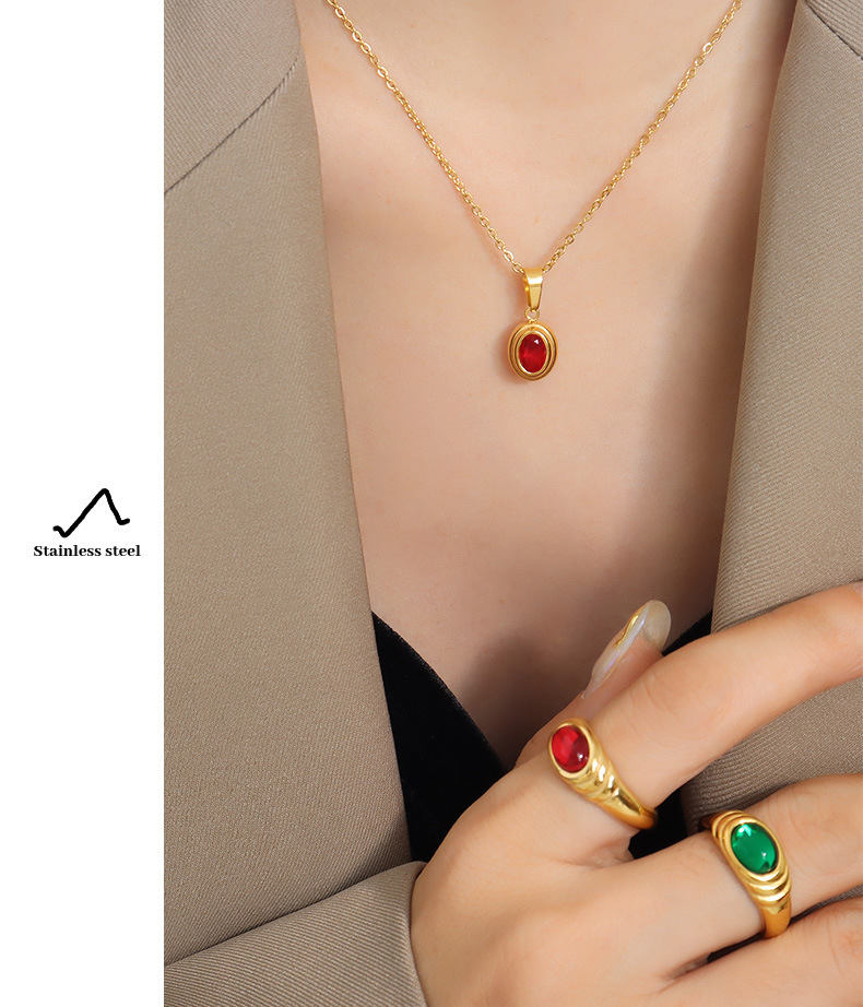 Retro Oval Titanium Steel Inlay Zircon Rings Necklace