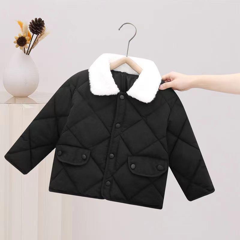 Chaqueta acolchada de algodón suelta de estilo coreano para niños Chaqueta acolchada de algodón corta a cuadros de diamantes para niños Chaqueta acolchada de algodón para hombres y mujeres con cuello de piel caliente engrosada para bebés