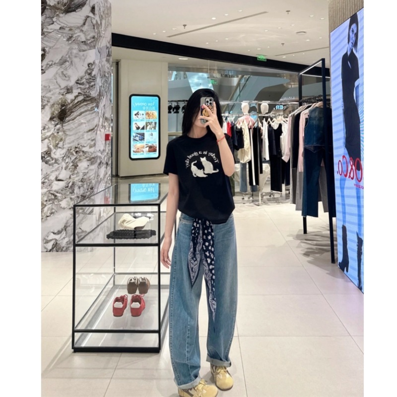 25SS YBオープン/ニッチデザイナーMoの猫かわいいプリントレター半袖ルーズTシャツ女性用|undefined
