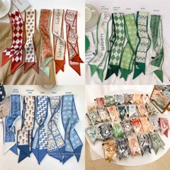 シンプルなプリントのシルクスカーフ、韓国風の万能シャツ、小さなスカーフ、多機能ヘアタイ、ギフトボックス、リボン
