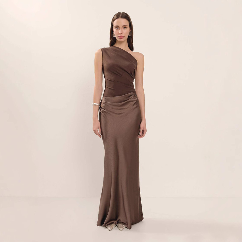 In-Stock European and American Amazon Cross-Border Foreign Trade 2025 Summer New Women's Diagonal Neck Sleeveless Patchwork Slim Long Dress