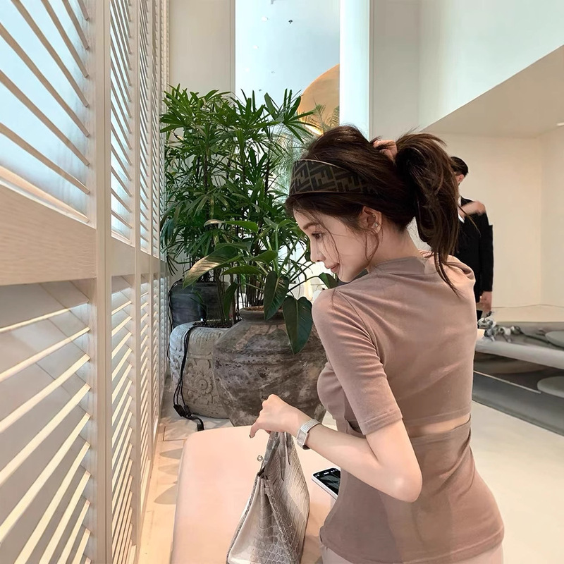 Han Yujia ミニマリストハイエンドサマーバック中空 V ネック半袖 T シャツレディースデザインニッチスリムフィットトップ|undefined