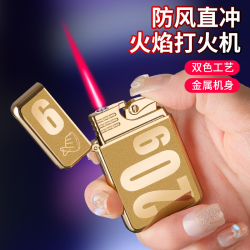 Creative waterproof straight-through metal lighter electroplated embossed pattern red fire direct-injection windproof lighter inflatable lighter cross-border