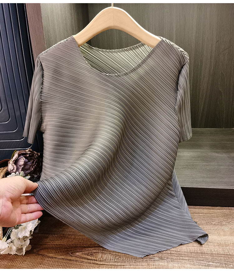 Áo thun ngắn tay dáng rộng cổ tròn xếp ly nữ mùa hè — Tím hoa cà, Màu đen, Màu cam, Xanh lam Sương Khói chi tiết 23