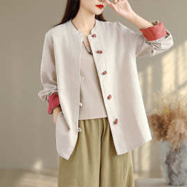 复古新中式衬衫女春秋棉麻国风茶服开衫上衣宽松外套长袖居士服