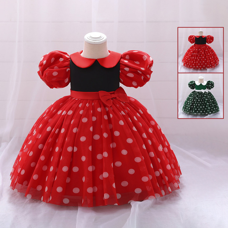 Girl's dress puff sleeve polka dot princess dress Christmas holiday party dress baby's one-year-old dress dress