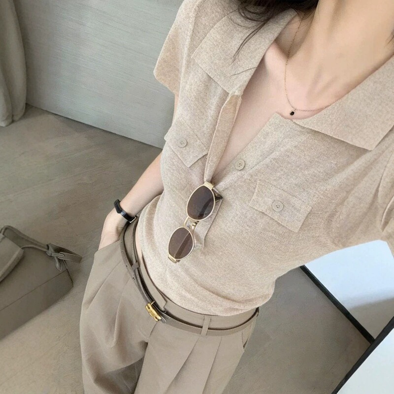 Old Money Style Polo Collar Pocket Knit Short-Sleeve Women's Summer New Commuter Elegant Slimming Top Old Money Style Polo Collar Pocket Knit Short-Sleeve Women's Summer New Commuter Elegant Slimming Top