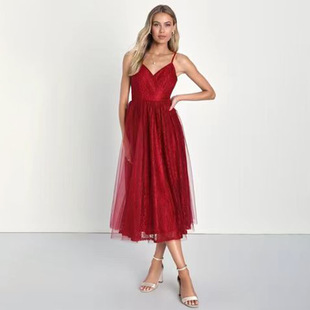 2024 European and American Cross-border Ladies Red Sexy Suspender V Neck Elegant Retro Ladies Cocktail Dress