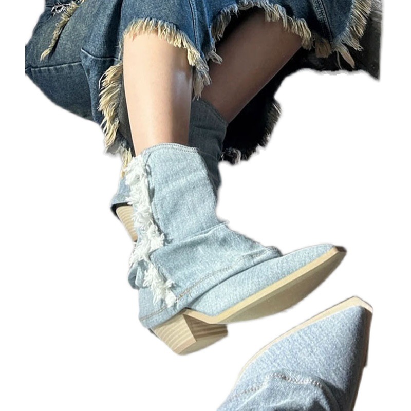 Nischen-Retro-Western-Cowboystiefel für Damen, neue Mode, Fransenkante, spitzer Flor, kurze Röhre_voghion.com