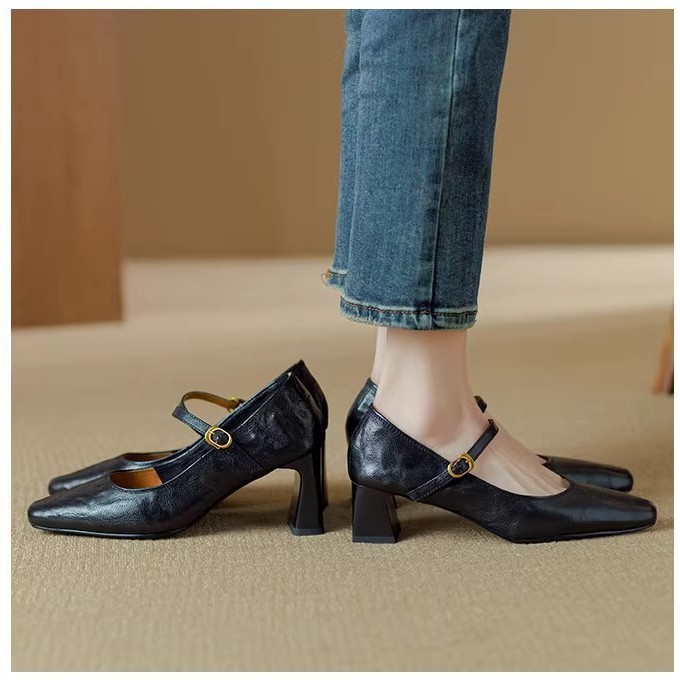 Soft Sheepskin Black High Heels 2025 Spring and Autumn New French Style Retro Chunky Heel Women's Single Shoes with Mary Jane