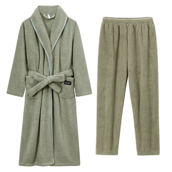 Women-Pine green lapel bathrobe + pants