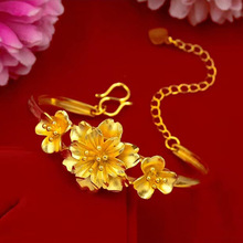 越南沙金花朵开口手镯铜镀金饰品开口多层花朵仿金首饰女款气质手