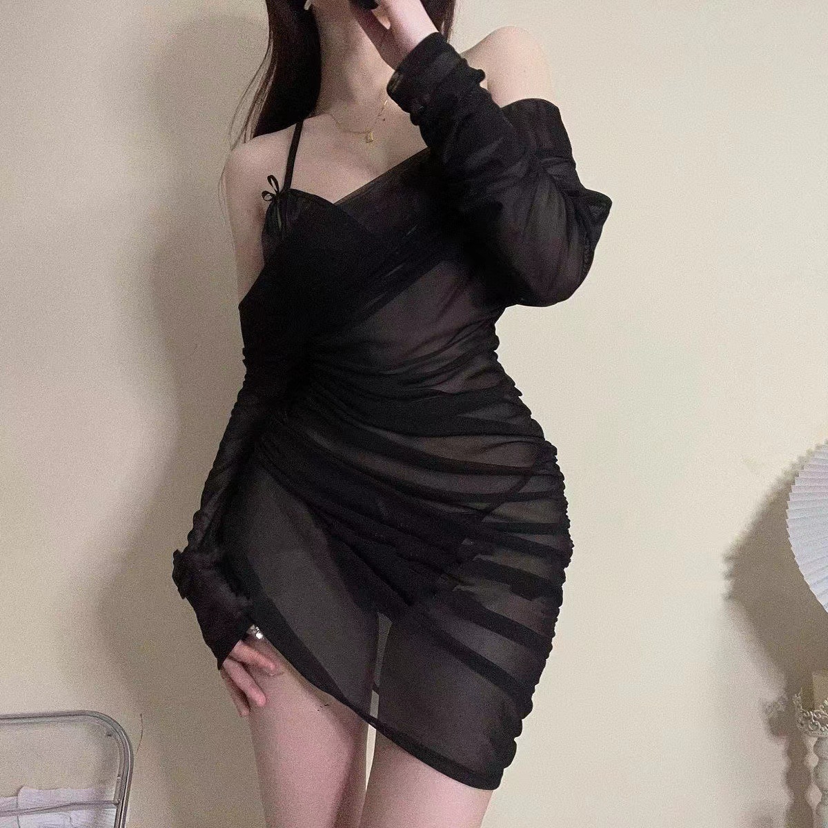 Three-piece Leather-look Lingerie Set with One-shoulder Mesh Dress, Bra and Panty — detail image 7