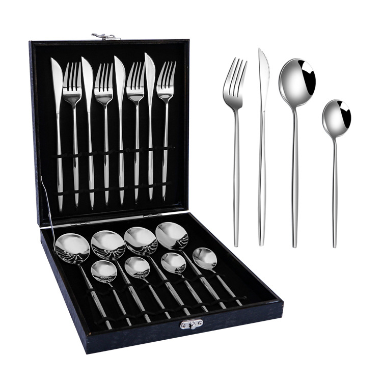 Productos calientes de Amazon vajilla de acero inoxidable conjunto de 16 piezas de Portugal cuatro piezas principales cuchillo, tenedor y cuchara caja de regalo transfronteriza traje