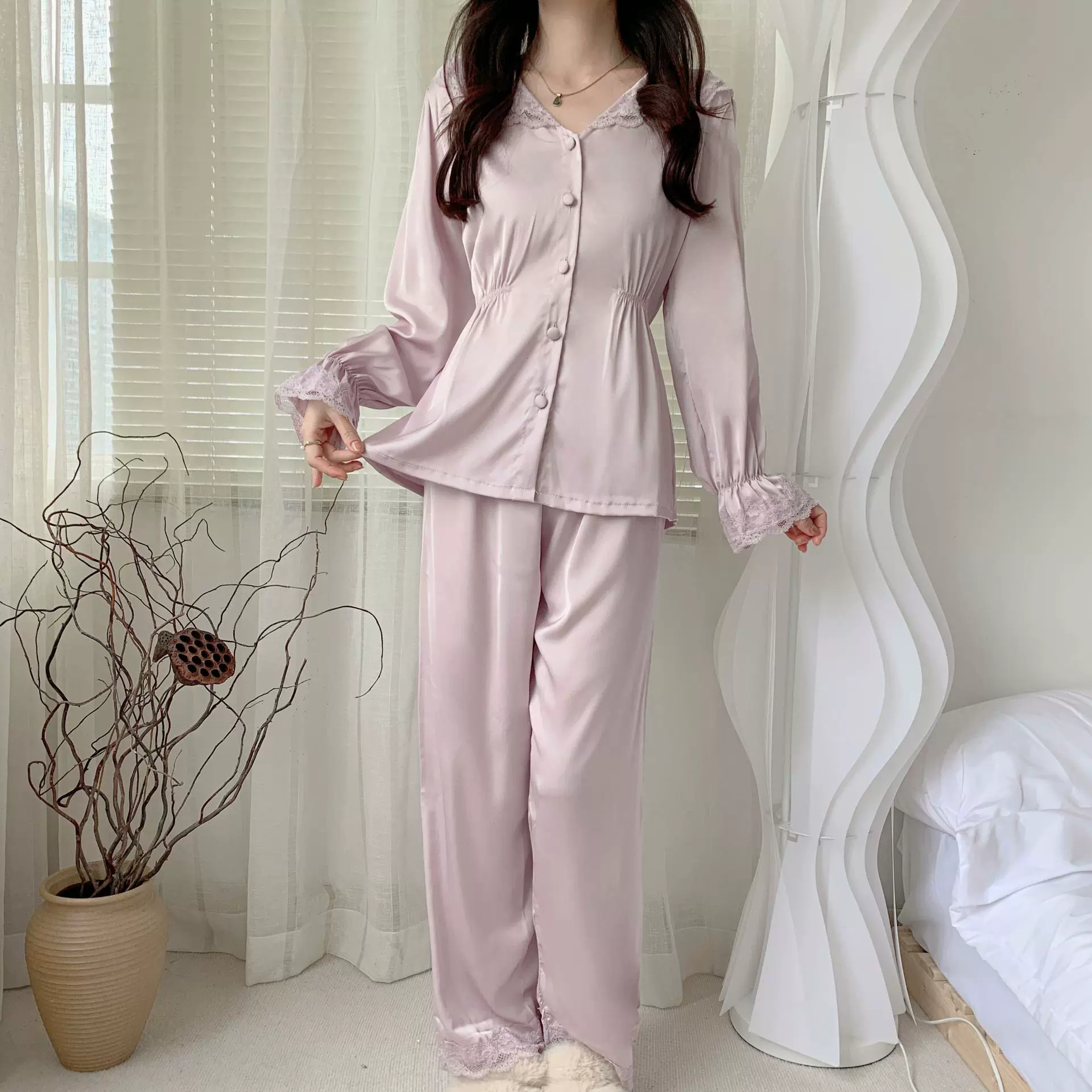 新款法式冰丝睡衣女春秋季高级感长袖长裤两件套装睡衣家居服批发