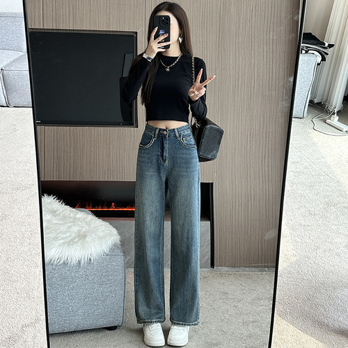 Real shot of velvet winter jeans for women 2023 small high waist slim straight wide leg floor mopping pants