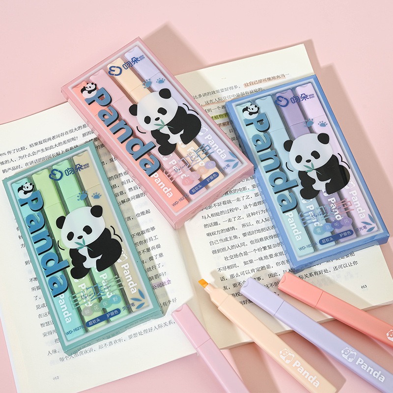 Cute Panda Soft Head Protector de ojos Resaltador de color Pen clave Pen Bolígrafo de color de la cuenta de mano de la escuela primaria Caja al por mayor