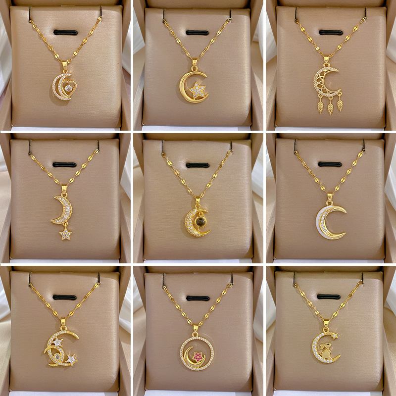 [Titanium Steel] Light Luxury Moon-Shaped Necklace with Micro-Inlaid Diamonds, Trendy and Sparkling, for Women, Ins-Style Simple Pendant