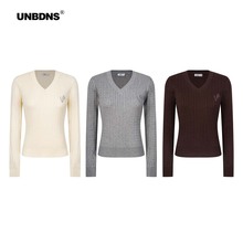 UNBDNS美式复古修身V领针织衫女内搭毛衣打底衫春秋新款长袖上衣