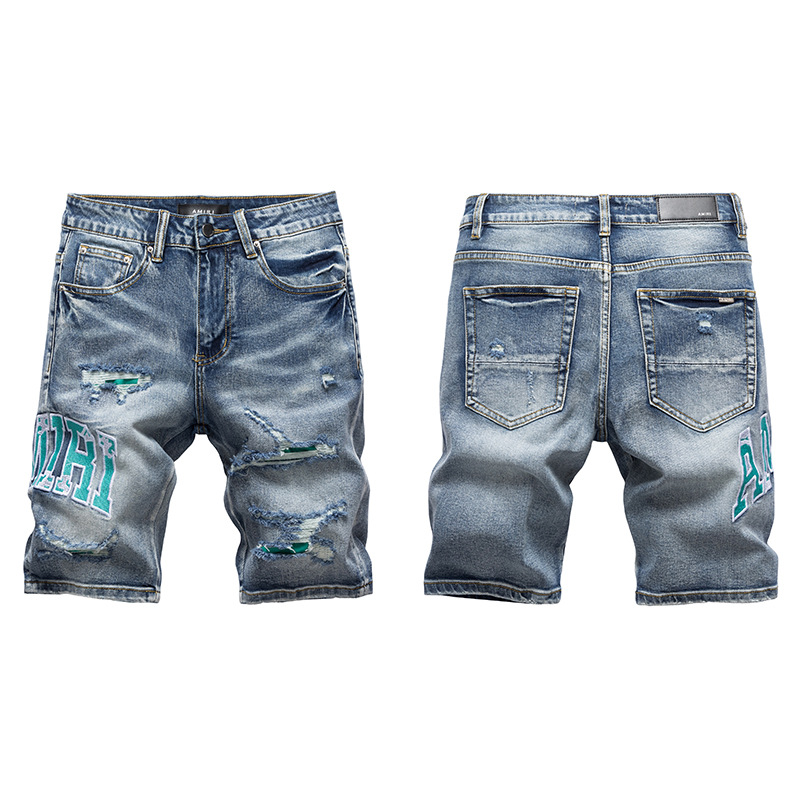 Summer High Street Trendy Brand Embroidered Denim Shorts for Men with Holes and Patches, Elastic Slim Fit Mid-Length Pants, Fashionable and Casual