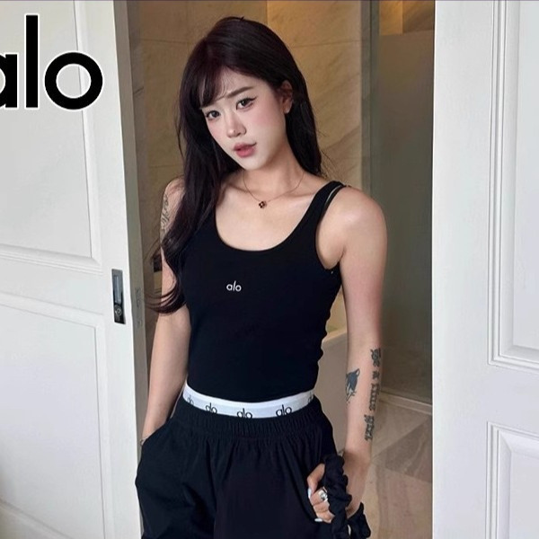 Alo Letter Print Elastic Ribbed Knit Camisole Sports Backless Top Summer Outerwear Korean Style