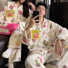 冬季珊瑚绒情侣睡衣女加厚法兰绒男士冬天保暖开衫大码家居服套装