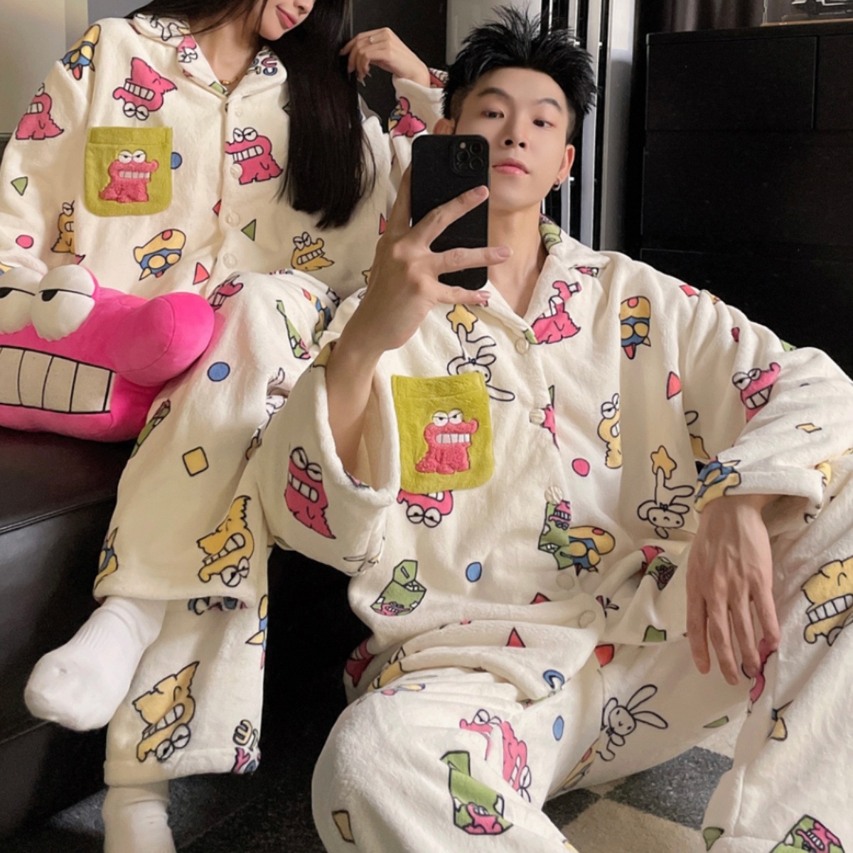 冬季珊瑚绒情侣睡衣女加厚法兰绒男士冬天保暖开衫大码家居服套装