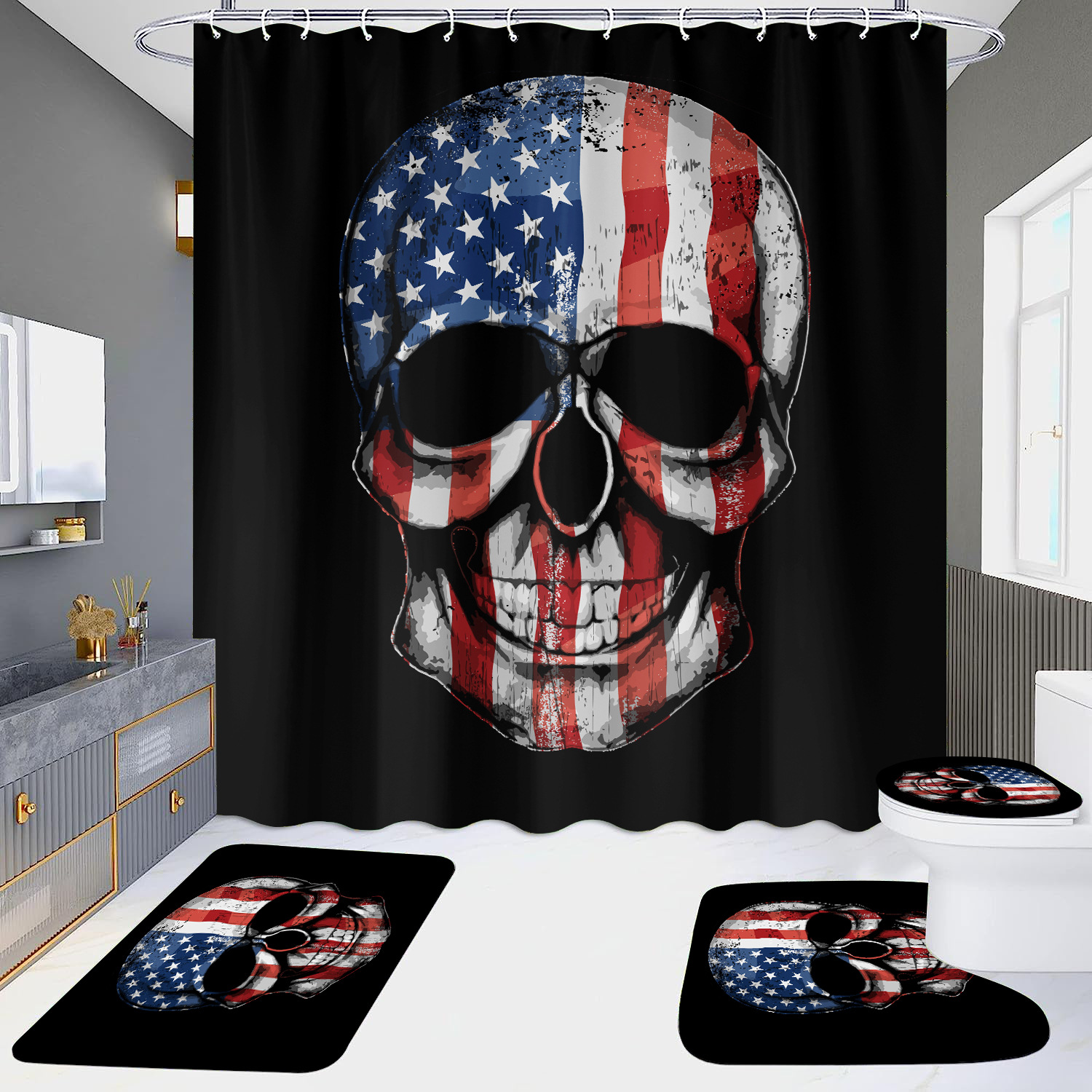 Cortina de ducha de suministro directo transfronterizo conjunto de cuatro piezas hd impermeable sin perforaciones baño hotel baño partición cortina wansheng cráneo